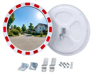 Specchio di sicurezza Relaxdays, 60 cm, con supporto a tubo, bordo riflettente, per uso esterno, specchio di sicurezza rotondo, bianco/rosso