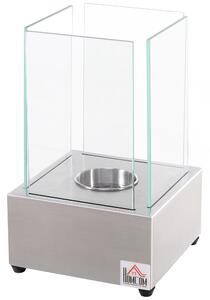 HOMCOM Camino a Bioetanolo da Tavolo con Bruciatore da 0.4L, Biocamino in Acciaio e Vetro per Interni ed Esterni, 20x20x33cm, Argento|Aosom