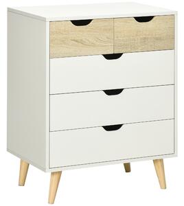 HOMCOM Cassettiera Bianca 5 Cassetti con Maniglie Intagliate in Legno, Cassettiera per Camera da Letto, 60x40x77.5cm, Bianco e Legno | Aosom Italy