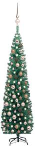 Albero di Natale Sottile Preilluminato con Palline Verde 210 cm