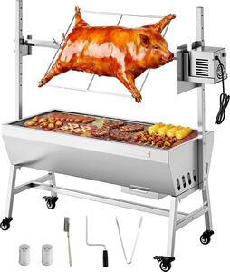 Griglia a carbone con girarrosto - Griglia per maialetti e agnelli - Lunghezza griglia 94 cm - Capacità di carico 60 kg - Motore 38 W - Regolabile in altezza in 7 posizioni - Acciaio inossidabile - Con ruote