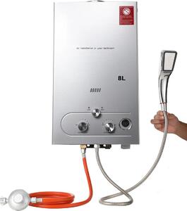 Scaldabagno a propano - Scaldabagno a gas - GPL - 1500 l - Acciaio inossidabile - - Set doccia - Riduttore di pressione - Grigio chiaro