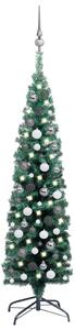 Albero di Natale Sottile Preilluminato con Palline Verde 150 cm