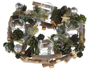Portacandele in legno verde materiale sintetico pigne ramoscelli per 4 candele decorazioni natalizie design tradizionale Beliani