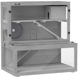 PawHut Gabbia per Criceti in Legno, 3 Livelli con Casetta, Ruota, Rampe, Pannello Trasparente e Spazi Separati, 80x50x84 cm, Grigio | Aosom Italy