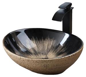 Specchio a forma di vaso, forma ovale, rubinetteria a cascata, combinazione di rubinetteria per lavabo