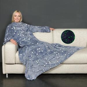 Kanguru Coperta con maniche 140 x 180 cm Plaid Colore Blu con Costellazioni Luminose - Glow in The Dark- 1154
