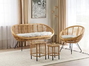 Set di divani a 3 posti con tavolini in rattan naturale beige chiaro con cuscino in cotone di media resistenza per interni, all'aperto, in stile bohémien, in giardino, in balcone. Beliani