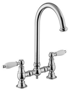 PB Rubinetto da cucina a ponte in stile retrò, cromato, con bocca rotonda e maniglie bianche PBN.CHR.R.WH