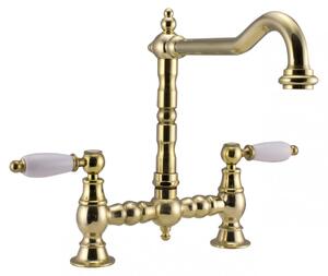 PB Rubinetto da cucina in stile retrò, ottone naturale, bocca ad angolo, con maniglie bianche 1208954672