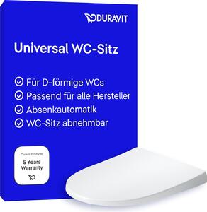 Sedile WC Duravit Univavo, sedile WC a forma di D, sedile WC con doppio meccanismo di chiusura automatica, coperchio WC Quick Release per un facile montaggio, coperchio WC prodotto nell'UE, urea-duroplast, cerniere in acciaio inossidabile, bianco