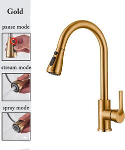 Rubinetto da cucina, acciaio inox, doppia maniglia, erogatore estraibile, cf04043-GOLD