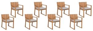 Set di 8 sedie da giardino in legno di acacia marrone con cuscini di seduta grigi resistenti all'acqua Beliani