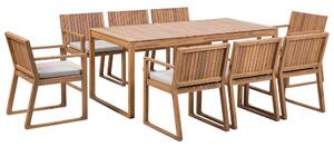 Set da pranzo da giardino 9 pezzi in legno di acacia chiaro 8 sedie con cuscini di seduta grigi Beliani