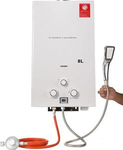 Scaldabagno a gas - Scaldabagno istantaneo a GPL - Capacità 2000 L - Acciaio inossidabile - CE - Set soffione doccia e riduttore di pressione - Bianco