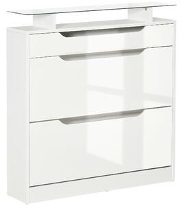 HOMCOM Armadio scarpiera Moderna con 2 Cassetti per 16 Scarpe, con Mensola Regolabile e Ripiano in Vetro, 89x23x96cm, Bianco Lucido| Aosom Italy