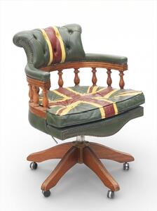 Sedia da ufficio Union Jack, in pelle, stile vintage britannico, girevole, con ruote, design
