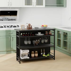 Costway Isola cucina stile industriale con 3 ripiani aperti portabottiglie e porta calici, Mobile bar con poggiapiedi Nero