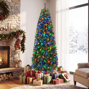 Costway Albero di natale artificiale con luci bianche calde e multicolori, Albero di natale slanciata con 9 modalità di illuminazione foglie in pvc 210cm
