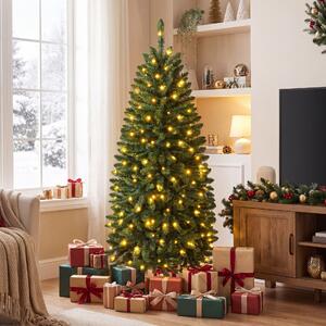 Costway Albero di natale artificiale con luci bianche calde e multicolori, Albero di natale slanciata con 9 modalità di illuminazione foglie in pvc 150cm