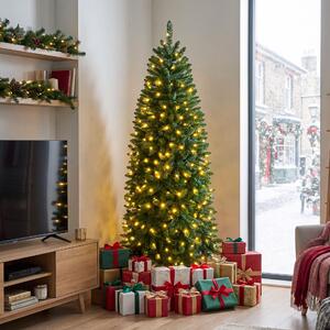 Costway Albero di natale artificiale con luci bianche calde e multicolori, Albero di natale slanciata con 9 modalità di illuminazione foglie in pvc 180cm