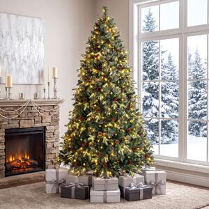 Costway Albero di natale artificiale con 450 luci led regolabili per casa ufficio e negozi, Albero di natale folto con 1198 rami 44 pigne 44 bacche rosse 210 cm