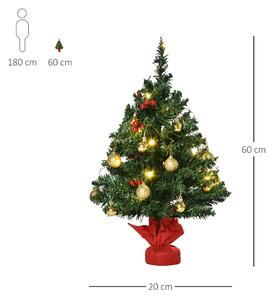Homcom Albero di Natale Mini con 15 Led Bianchi Caldi e Decorazioni Verde 60cm