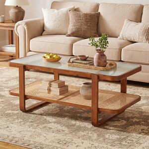 Costway Tavolino salotto in legno e vetro satinato temperato con decorazioni rattan, Tavolo basso da soggiorno design rustico e salvaspazio