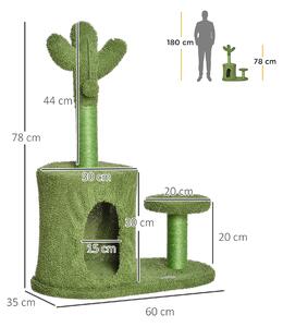 PawHut Albero Tiragraffi per Gatti Adulti e Gattini a Forma di Cactus con Corda Sisal, Palline e Cuccia, Altezza 78cm, Verde