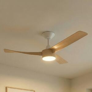 Ventilatore da soffitto LED Lucande Airona, bianco/legno, DC, silenzioso, Airona Lucande, dimmerabile, Legno chiaro, Soggiorno / Sala da pranzo, Plastica, Moderno
