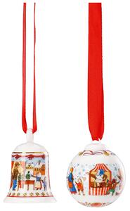 Confezione di una campanella e una sfera in porcella con nastrino rosso per addobbi natalizi. Decori rifiniti a mano. Edizione limitata. Pacchetto regalo