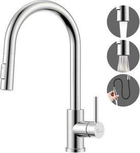 Rubinetto da cucina in acciaio inossidabile con doccetta estraibile, 2 tipi di getto, alta pressione, orientabile a 360°, monocomando, argento spazzolato