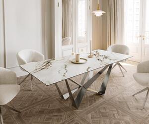 Tavolo da pranzo DELIFE Edge, 180-220x100 cm, piano in Vetroceramica Calacatta Luxe, finitura bianco-oro-grigio, gambe a forma di ragno in acciaio inossidabile, struttura in acciaio, allungabile