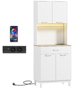 Credenza Moderna 71x40x180 cm con Luci LED Prese Elettriche e USB 2 Armadietti e Cassetto Bianco