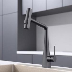 Rubinetto da cucina nero, con doccetta, 3 tipi di getto, orientabile a 360°, acciaio inossidabile