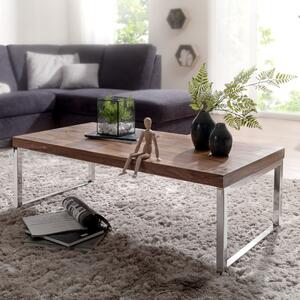 FineBuy Tavolino in legno massiccio di Sheesham 120x60x40 cm - Tavolo rettangolare da soggiorno con base a slitta cromata - Design industriale fatto a mano