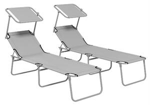 Set 2 Sdraio da Giardino 187x58x36 cm Pieghevoli con Tettuccio Regolabile in Tessuto Oxford e Metallo Grigio Chiaro