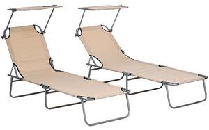 Set 2 Sdraio da Giardino 187x58x36 cm Pieghevoli con Tettuccio Regolabile in Tessuto Oxford e Metallo Marrone