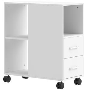 Cassettiera da Ufficio 60x30x65 cm con Ruote Minimal con 2 Cassetti Vano Aperto e Ripiano Regolabile in Legno Bianco
