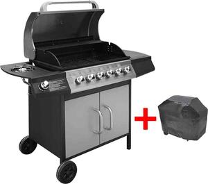 Barbecue a gas con 6 fuochi e piano di cottura aggiuntivo, colore nero e argento