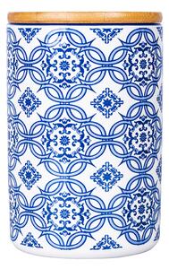 Barattolo grande in ceramica decorata bianca e azzurra con decoro mediterraneo e coperchio ermetico in bamboo 870 ml Italian Beauty
