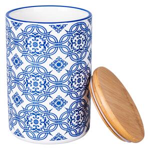 Barattolo grande in ceramica decorata bianca e azzurra con decoro mediterraneo e coperchio ermetico in bamboo 870 ml Italian Beauty