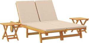 Lettino da sole con cuscino Beige Legno di Acacia Massello
