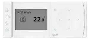 Termostato ambiente Danfoss, modello TPOne-B, programmabile, con programmazione settimanale (7 giorni), alimentazione a batteria 2xAA, con funzione On/Off, display, colore bianco, confezione da 1 pezzo