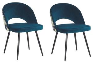 Set di 2 sedie da pranzo in velluto blu gambe in metallo Nero verniciato a polvere con motivo floreale sul retro ritagliato Beliani