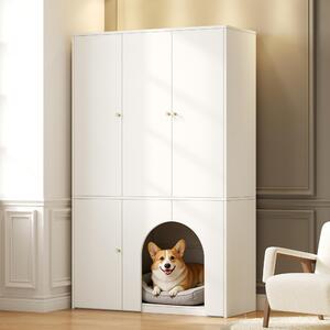 Armadio a 3 ante con zona per animali domestici 120x200x50 cm Armadio con ante battenti bianco effetto legno in stile moderno con appendiabiti e cuccia per gatti Armadio alto