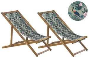 Set di 2 sedie a sdraio da giardino con struttura in legno di acacia chiaro con motivo pellicano sedile ad amaca reclinabile pieghevole Tele di Sostituzione Beliani