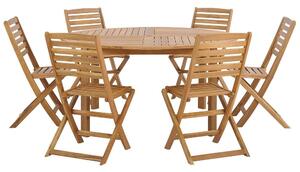 Set da pranzo da giardino in 7 pezzi Tavolo rotondo in legno di acacia chiaro e 6 sedie a doghe pieghevoli Beliani