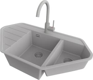 Lavello PRIMAGRAN in granito grigio 90x50cm, lavello angolare 1,5 vasche + rubinetto 32x20cm + set di scarico, lavello per cucina da base 70 cm - Copenhagen Corner