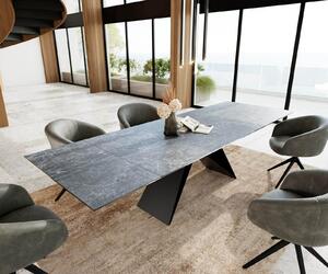 Tavolo da pranzo DELIFE Edge, dimensioni 200-300x100 cm, piano in laminato ceramico Lamina® nero "Greco", struttura a forma di "V" in acciaio nero, allungabile